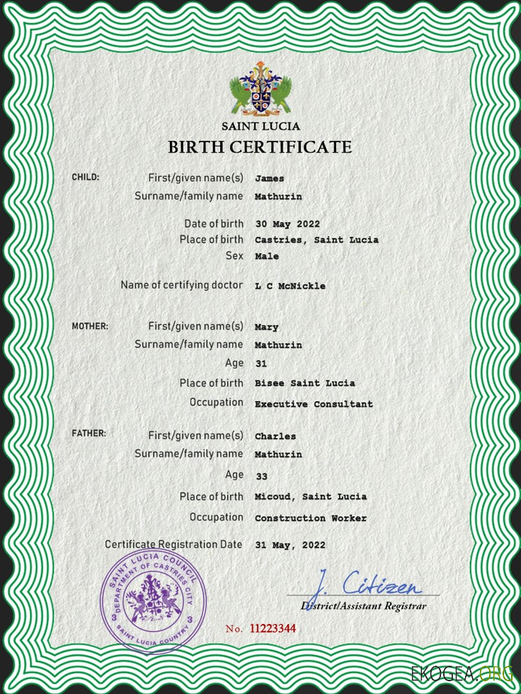 Modèle PSD de certificat de naissance de l'état civil de Sainte Lucie